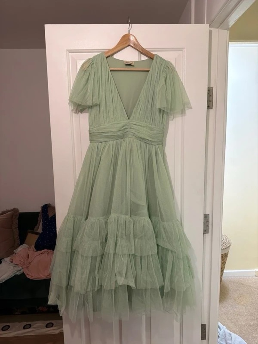 Sage Tulle V-Neck Midi Dress